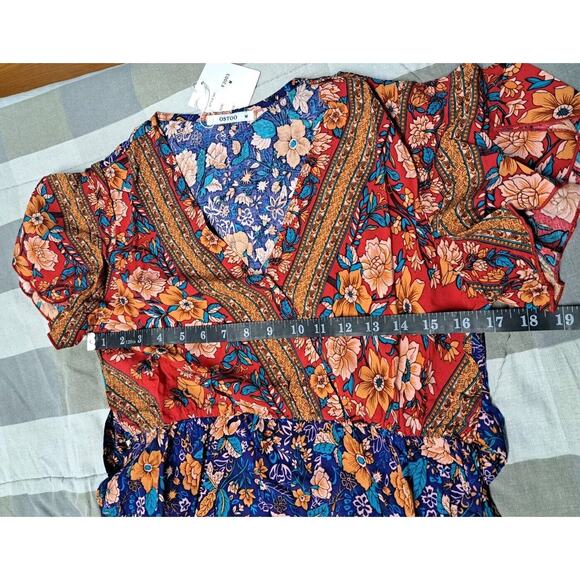 Womens Bohemia Side Split V Neck Ruffles Short Sleeves Maxi Dress with Belt Sz M - Picture 2 of 16